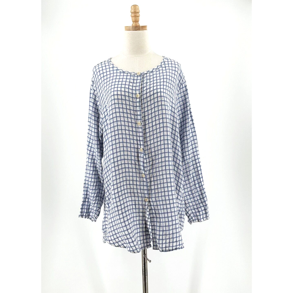 Flax Linen Button Up Tunic Top Womens Medium Oversized Gingham Lagenlook Coastal